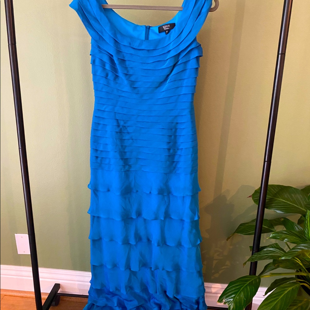 Tadashi Ruffled Silk Blue Gown